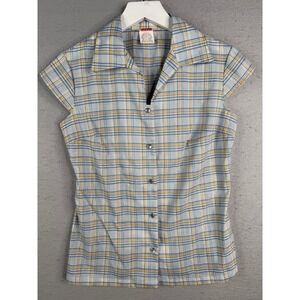 H Bar C Western Top Women S Blue Plaid Metallic Pearl Snap Cap Sleeve VTG RARE